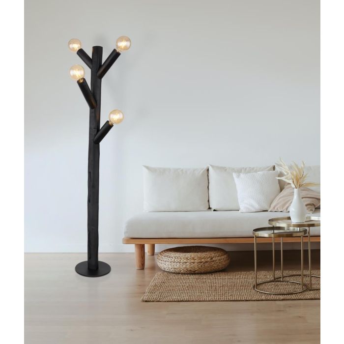 Globo Ray Stehlampe Baumoptik Holz schwarz geflammt Metall 4x E27