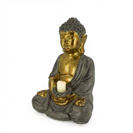 Buddha MGO mit Kerzenhalter, goldfarben grau, 30x25x45 cm