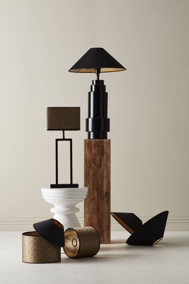 PR Home Sara Metall-Look Lampenschirm gold grafisches Motiv rund mit E27 Haltering unten 25x25x18cm