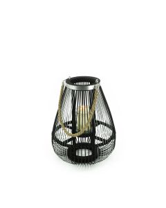 Design-Windlicht ballonförmig Bambus Metallstreben schwarz silber mit Glaseinsatz DH 29x36cm